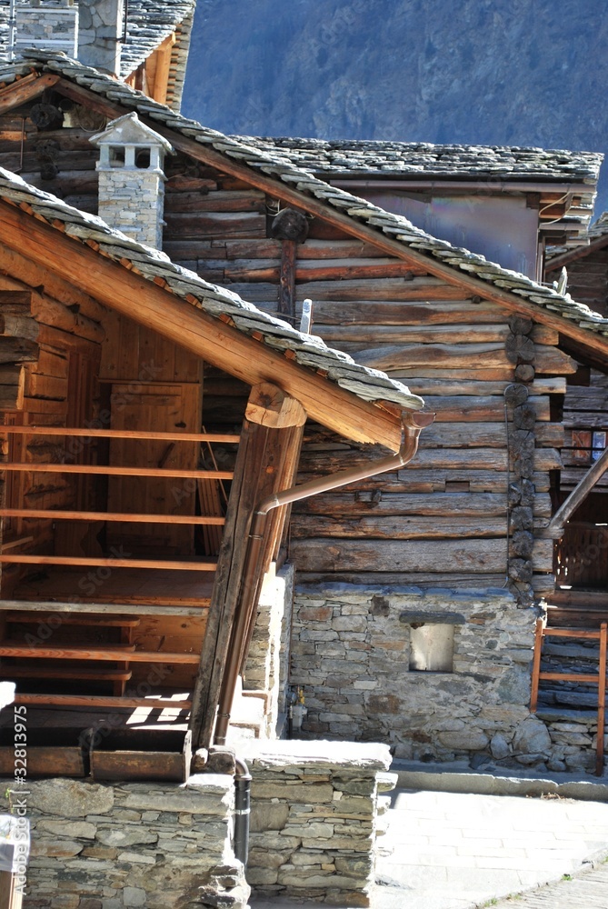 Waltzer wooden chalet, Alps mountains, Alagna, Piedmont, Italy Waltzer wooden chalet, Alps mountains, Alagna, Piedmont, Italy