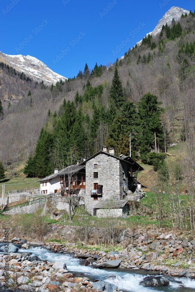 Stone chalet on Alps mountains, Alagna, Piedmont, Italy