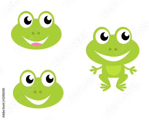 Cute green cartoon frog - icons isolated on white. VECTOR