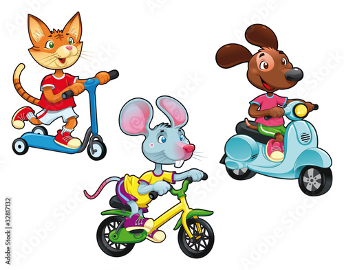 Animals on vehicles. Vector isolated characters.