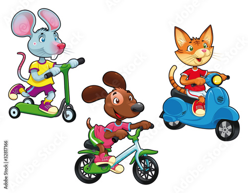 Animals on vehicles. Vector isolated characters.