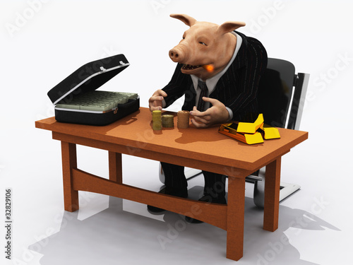 Fototapeta Pig in suit counts his wealth – metaphor for greed