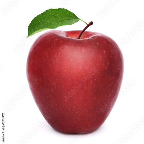 Red apple with leaves isolated on white