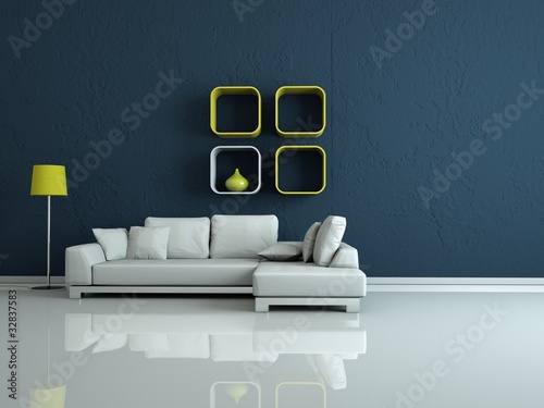 Moderners Wohnzimmer weisses Sofa vor blauer Wand photo