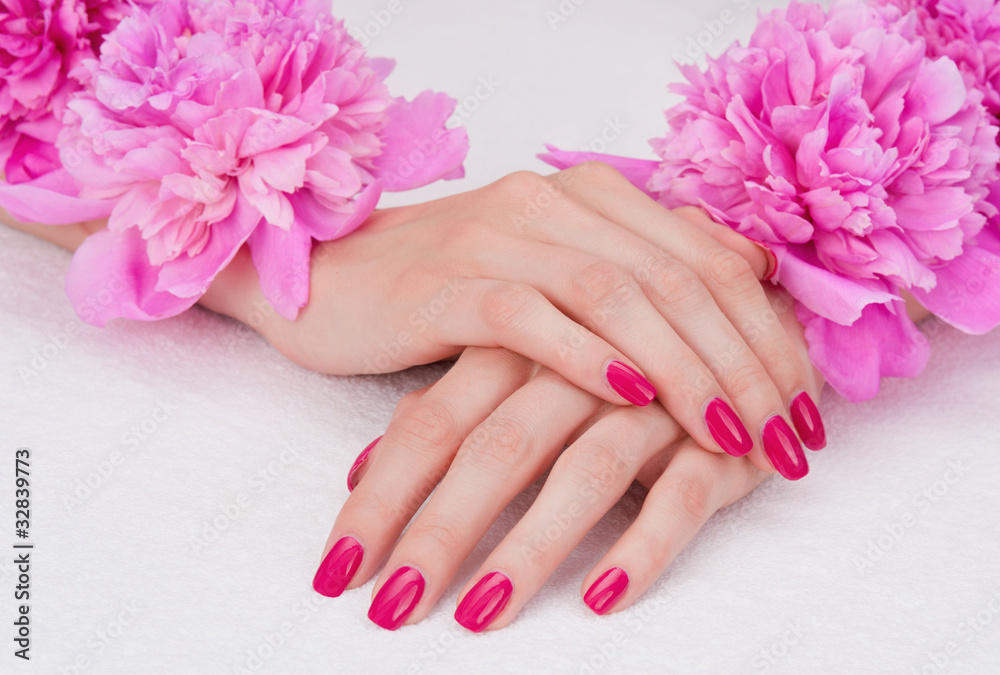Fototapeta premium Woman hands with pink manicure lying down with flowers