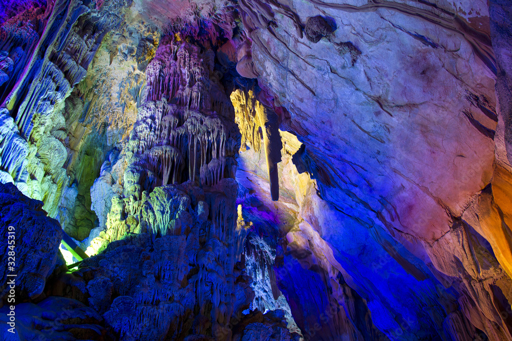 Illuminated cavern in Guilin, China