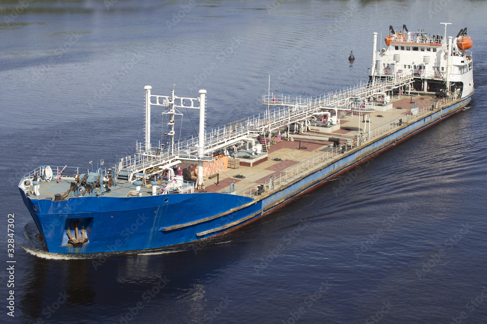 Big blue barge on Volga River