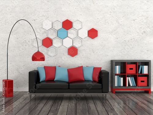 Interior of the modern room, white wall, black sofa
