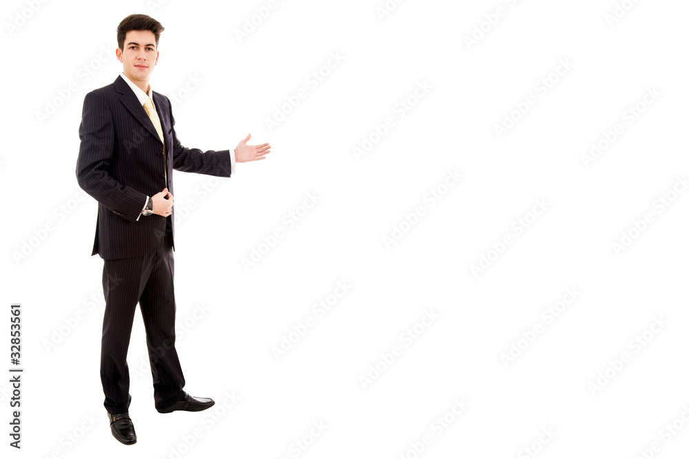 young business man full body presenting over a white background young business man full body presenting over a white background