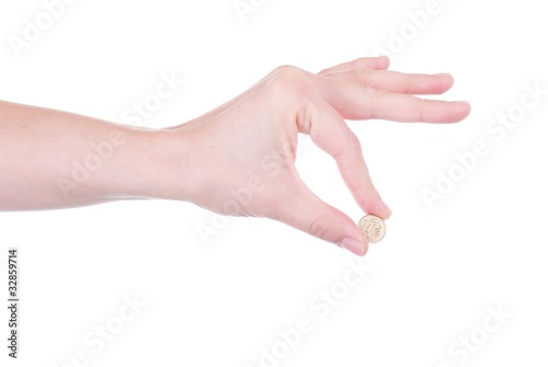 Polish Zloty coin in female hand isolated
