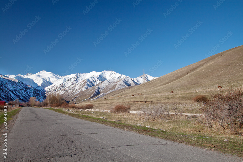Landscape of mountains, roads
