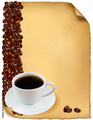 Design with cup of coffee and coffee grains. Vector.