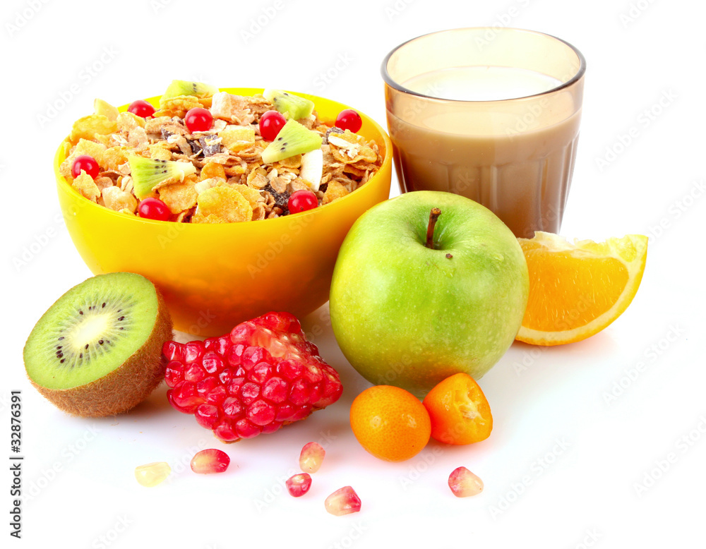 Yoghurt, muesli, milk and fruits isolated on white