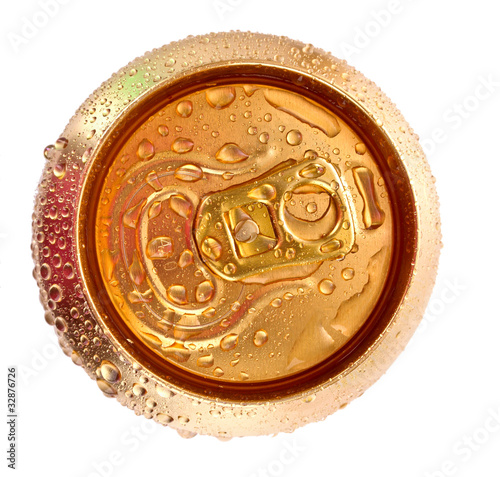 Closeup of metallic beer with water drops isolated on white