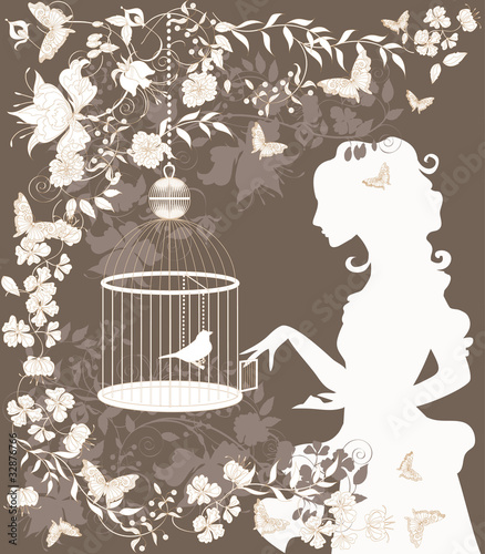 Vintage background with flowers, bird and girl silhouette