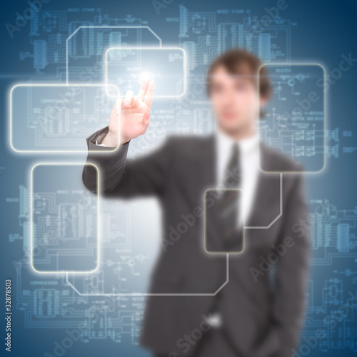 young man touches a virtual surface