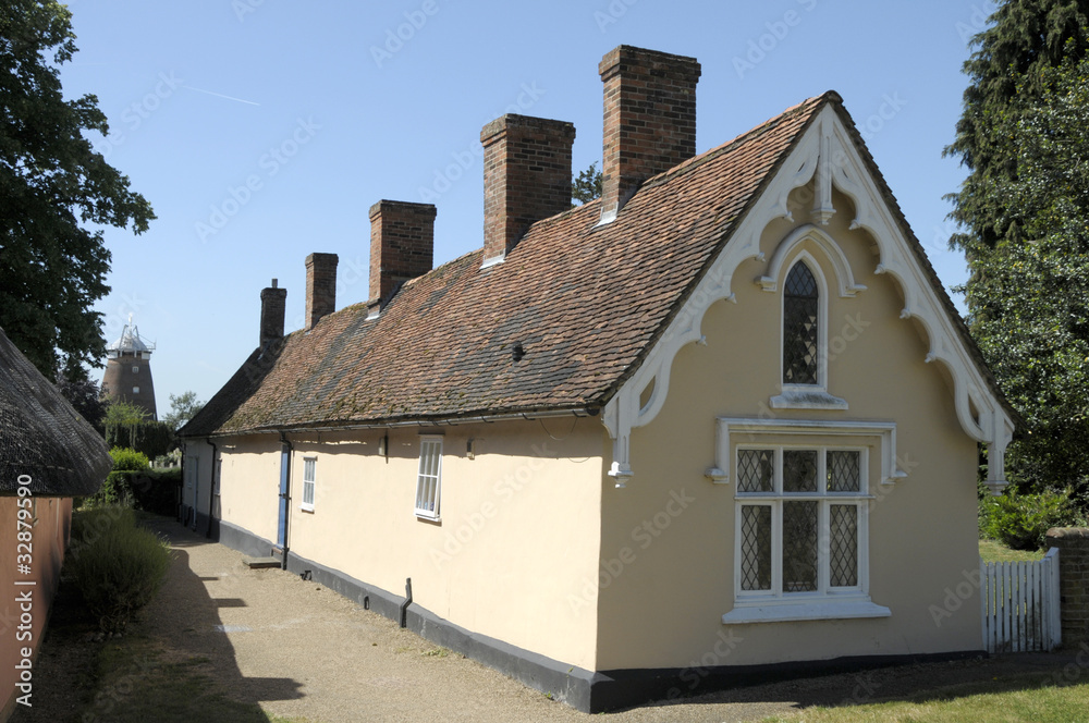 Almshouses and windmill in Thaxted, Essex