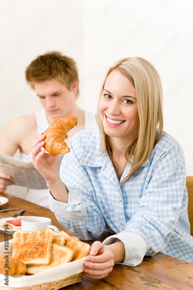 Breakfast happy couple enjoy romantic morning