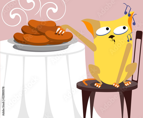 Cat steals sausage