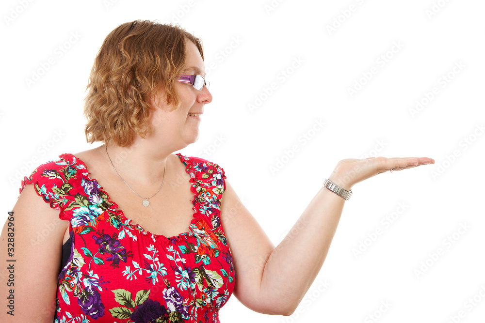 woman with open hand over white background woman with open hand over white background