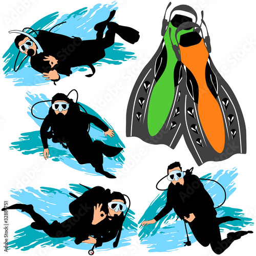 Scuba diving silhouettes set