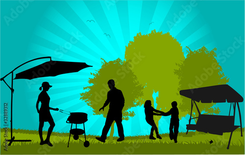 Family picnic in the garden - illustration