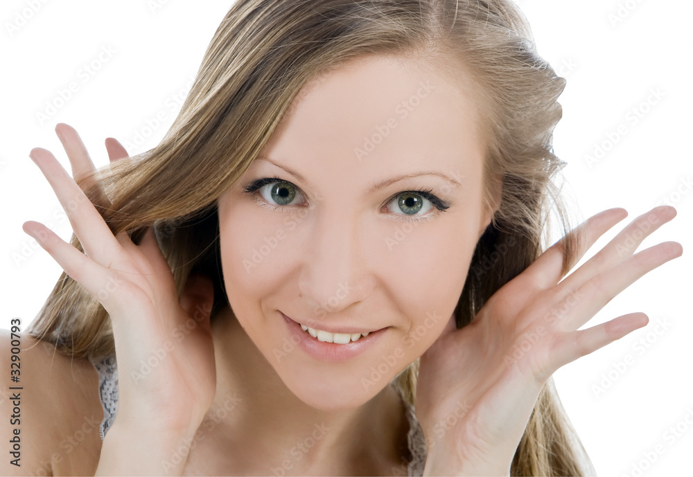 Bright picture of smiling woman face with hand her hear Bright picture of smiling woman face with hand her hear