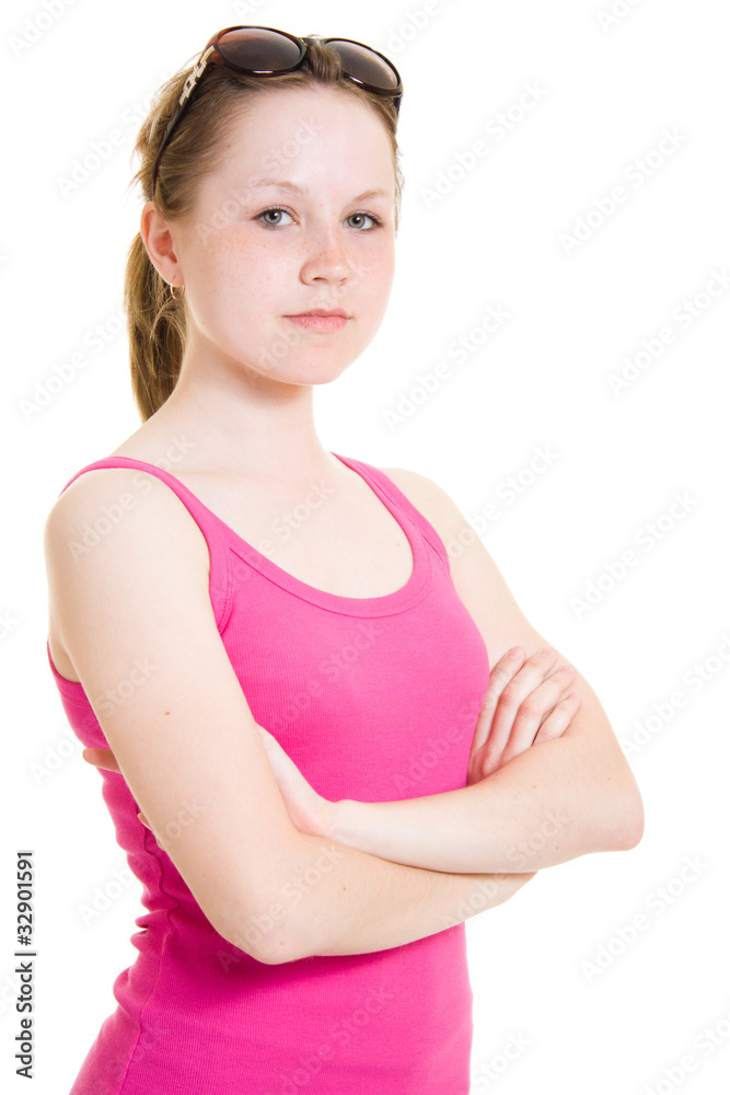 Teen in sunglasses on white background. Teen in sunglasses on white background.