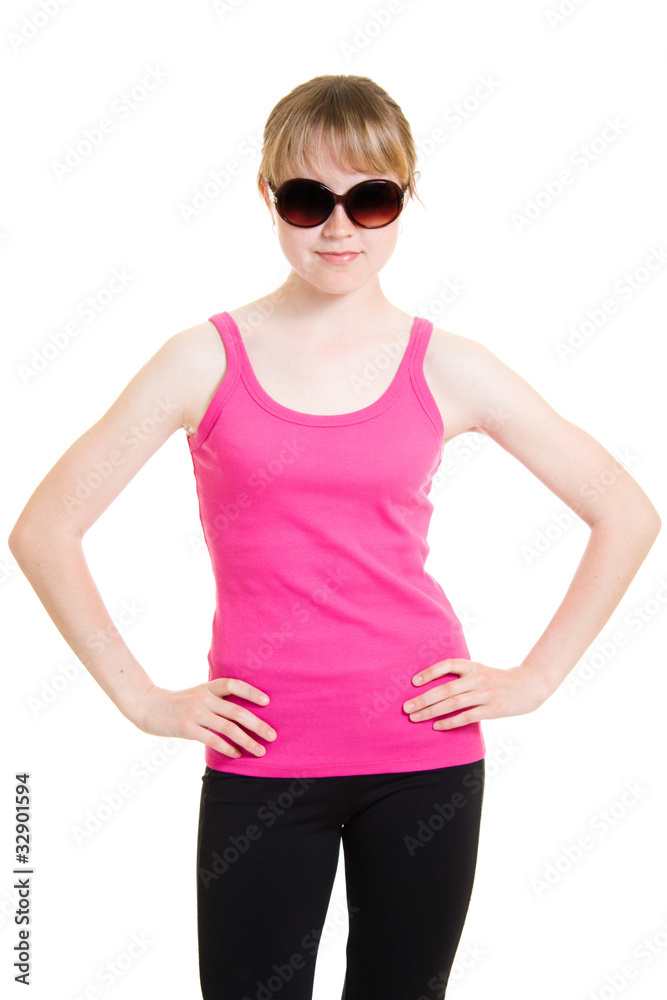 Teen in sunglasses on white background. Teen in sunglasses on white background.