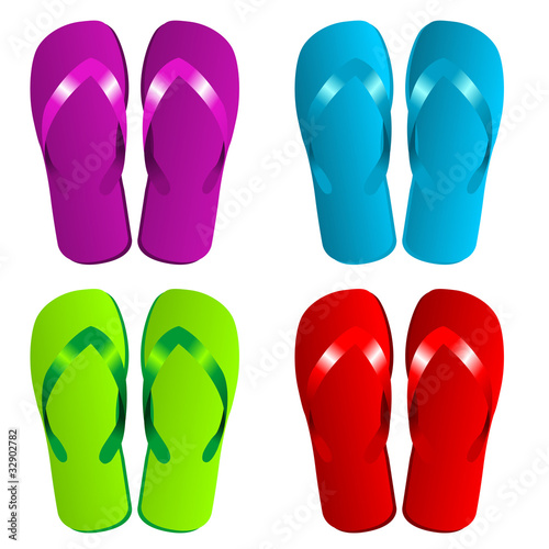 Beach footwear with different colors over white background