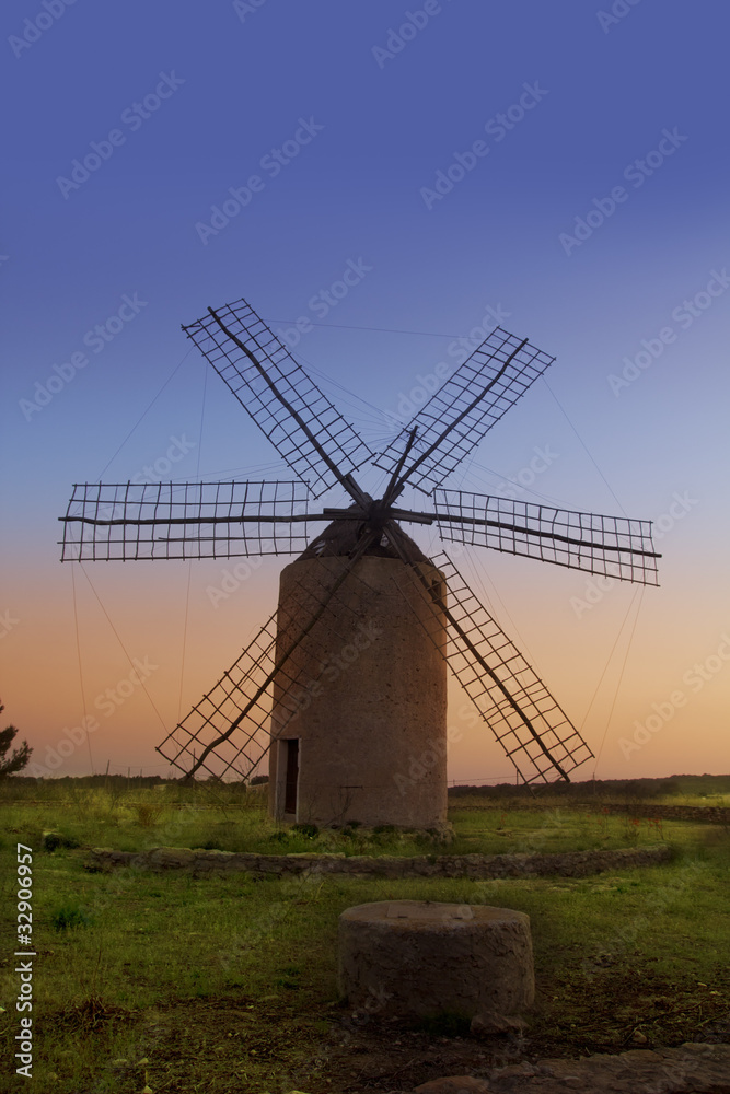 balearic islands windmill wind mill sunset in Formentera