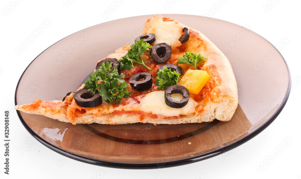 Pizza with olives on plate isolated on white