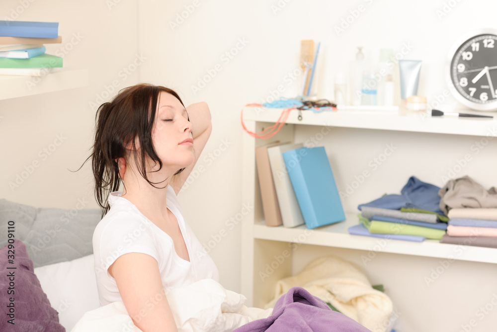 Attractive student girl wake up at home Attractive student girl wake up at home