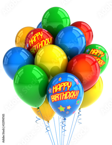 Photography Happy birthday balloons over white background