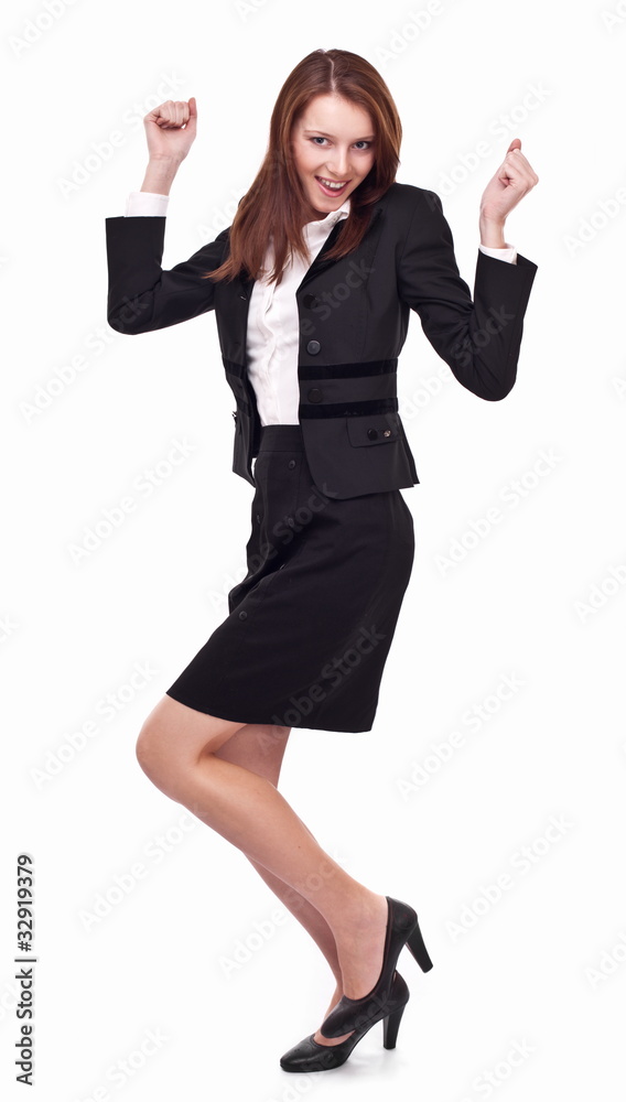 Young woman is excited with her success. Isolated on a white ba Young woman is excited with her success. Isolated on a white ba