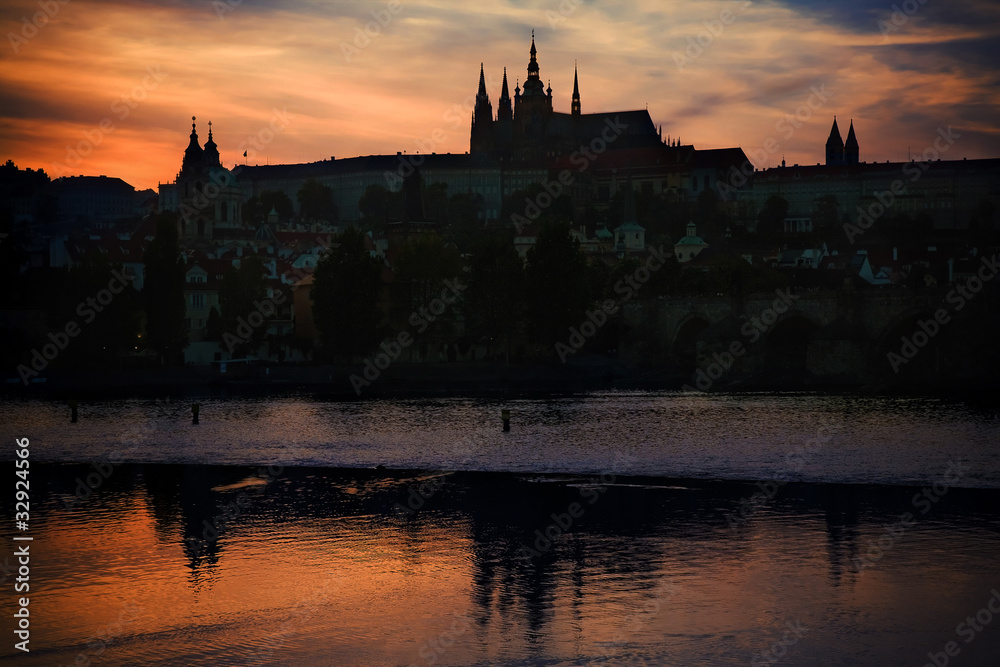 Prague Castle silhouette at sunset light