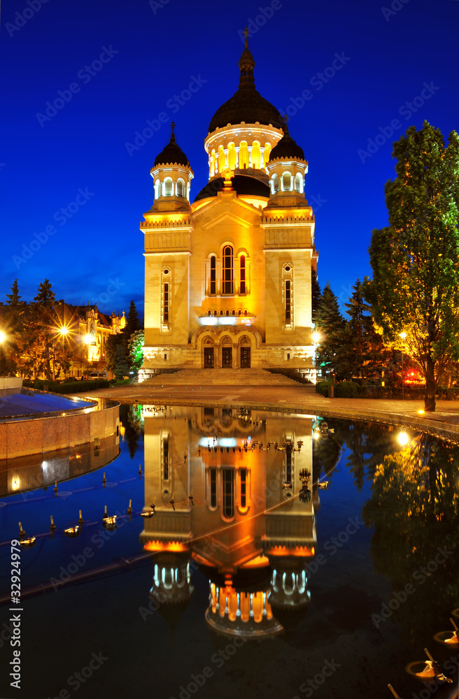 Night view of Orthodox cathedral from Cluj Napoca