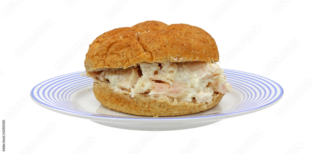 Naklejka premium Chicken sandwich on blue striped plate