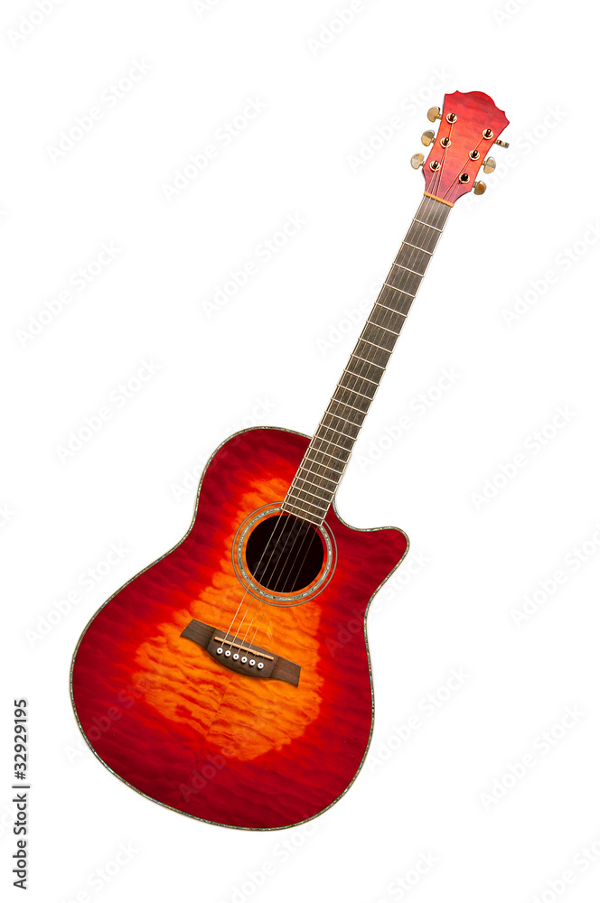 Classical curly maple acoustic guitar, isolated on white