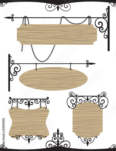 Wooden wrought iron vintage signs set