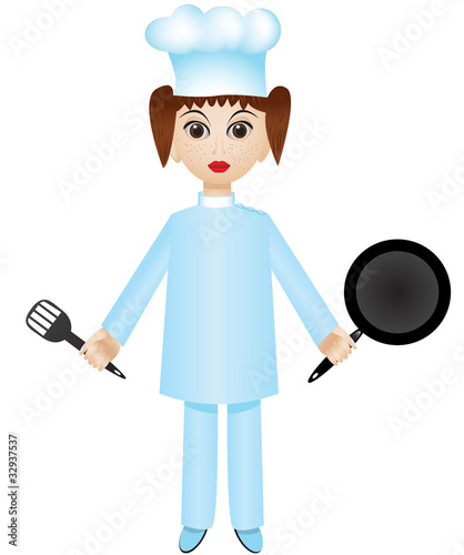 Chef girl with pan and turner
