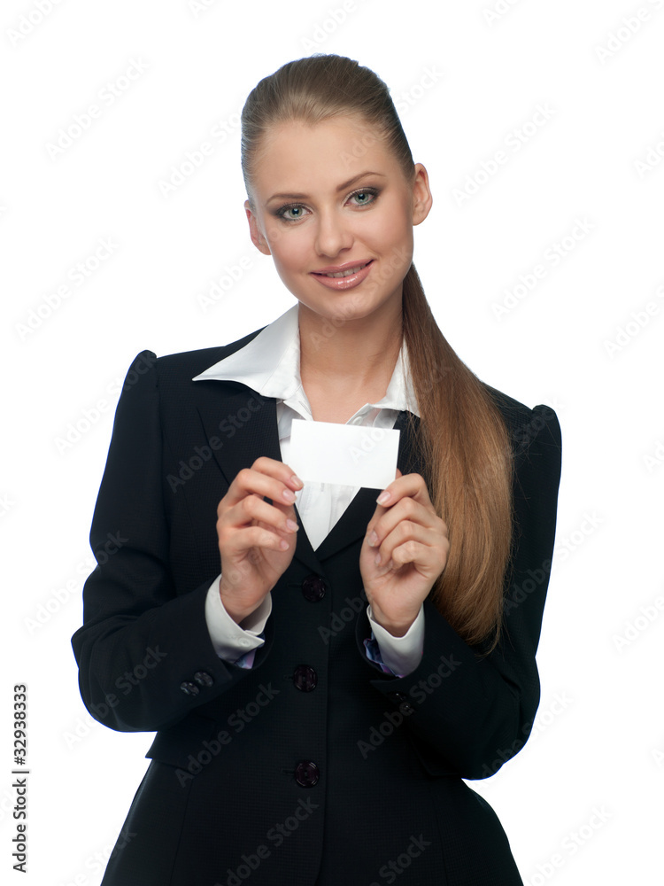 woman with a business card woman with a business card