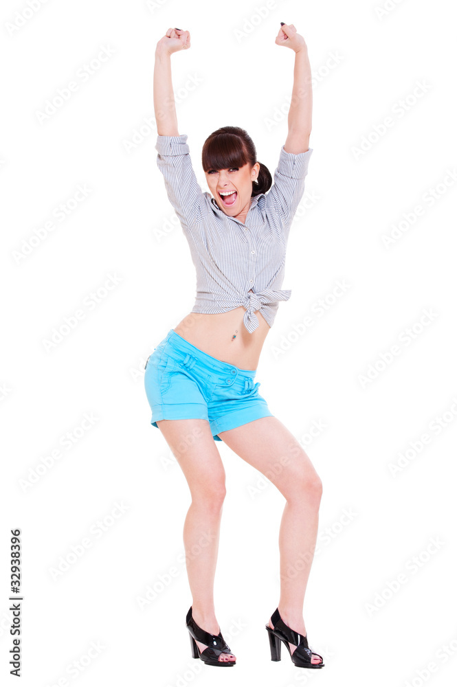 very happy woman with her raised arms very happy woman with her raised arms