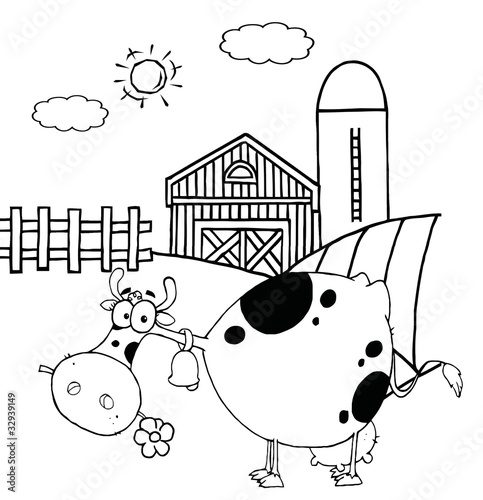 Outlined Spotted Cow Eating A Daisy Near A Barn And Silo