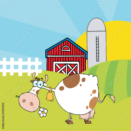 Cow Different Color White In Front Of Country Farm