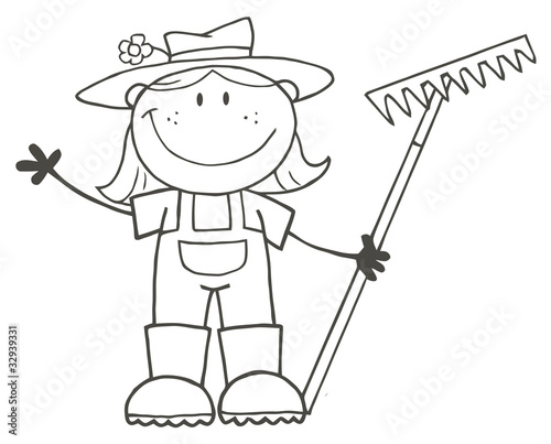 Outlined Farmer Girl Holding A Rake And Waving