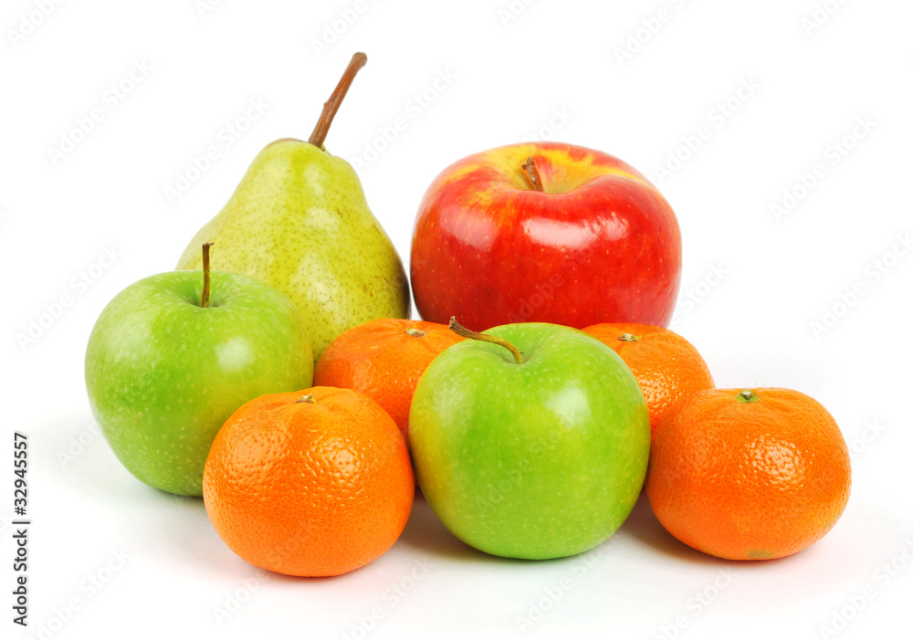 fruit plate with citrus fruits, apples, banana, plum fruit plate with citrus fruits, apples, banana, plum