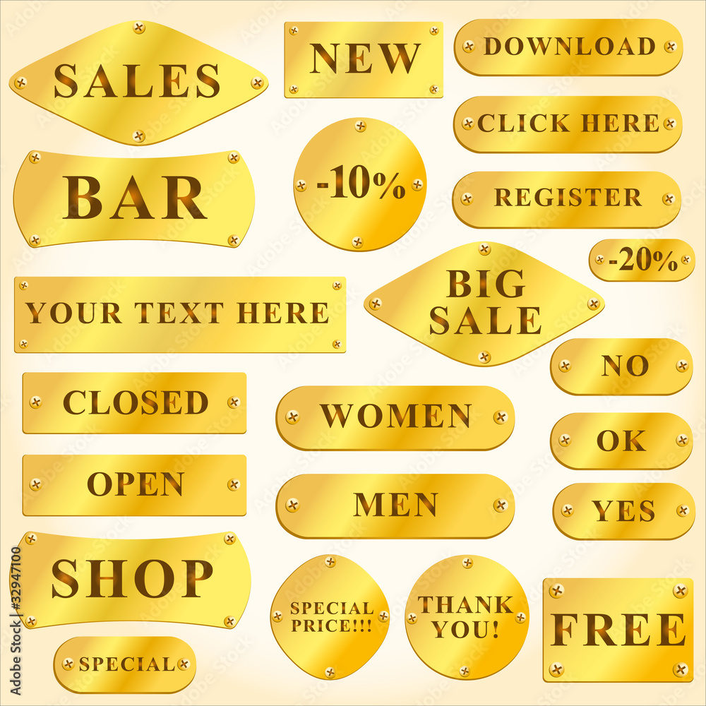Obraz premium Vector Old golden plates and signboards with text