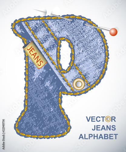 Vector jeans alphabet. Denim texture letter P
