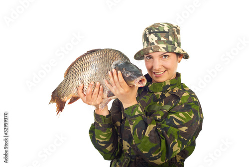 Angler woman with big carp captured